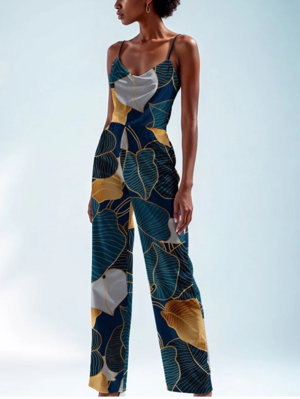 Averie Danna XL Leaf-Print Wide Leg  Spaghetti Strap Jumpsuit Teal Mustard Black